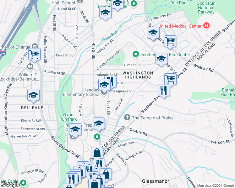 map of restaurants, bars, coffee shops, grocery stores, and more near 625 Chesapeake Street Southeast in Washington