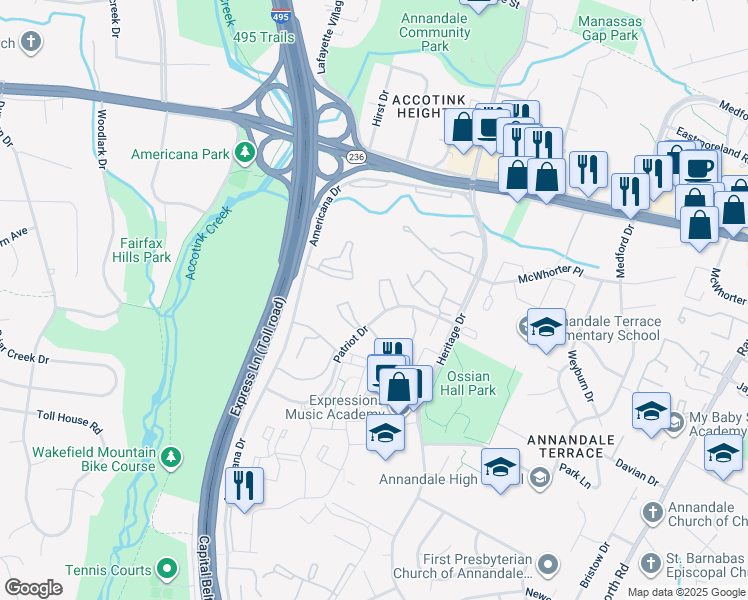 map of restaurants, bars, coffee shops, grocery stores, and more near 4360 Ivymount Court in Annandale