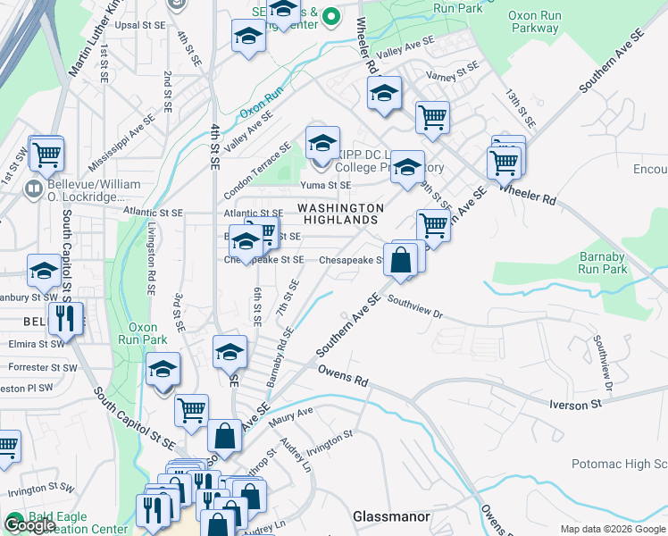 map of restaurants, bars, coffee shops, grocery stores, and more near 795 Chesapeake Street Southeast in Washington