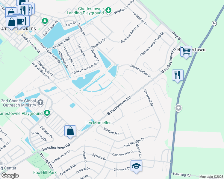map of restaurants, bars, coffee shops, grocery stores, and more near 3512 Harbor Crossing Drive in Saint Charles
