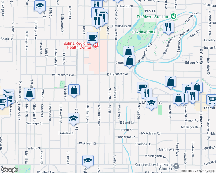 map of restaurants, bars, coffee shops, grocery stores, and more near 630 South 5th Street in Salina