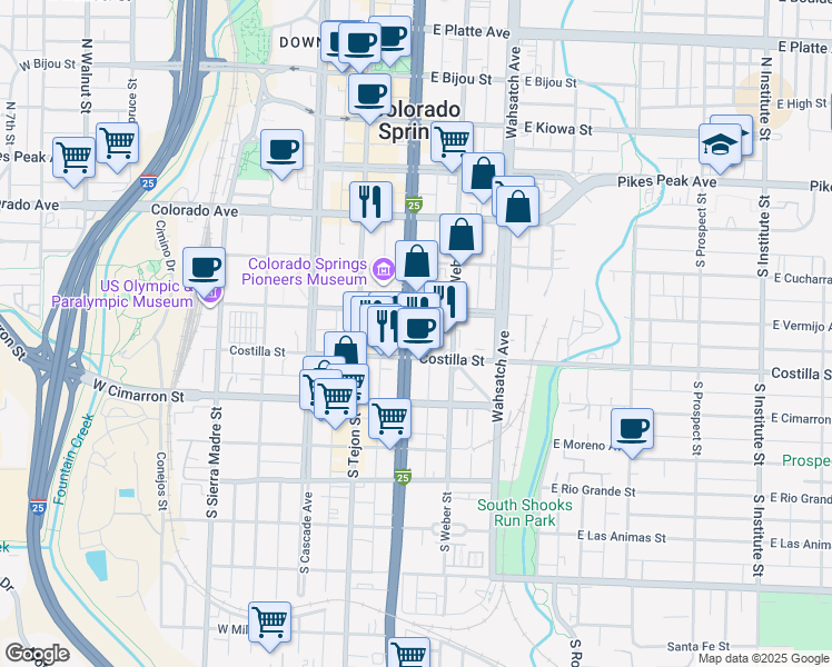 map of restaurants, bars, coffee shops, grocery stores, and more near 311 S Nevada Ave in Colorado Springs