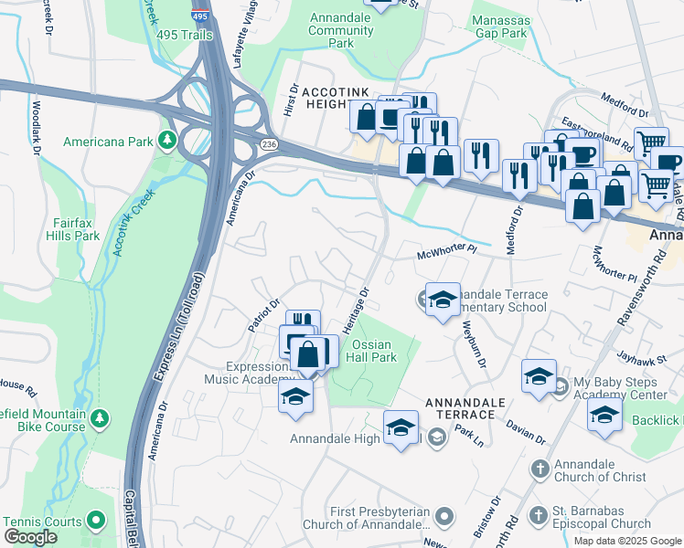 map of restaurants, bars, coffee shops, grocery stores, and more near 7705 Lafayette Forest Drive in Annandale