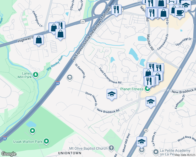 map of restaurants, bars, coffee shops, grocery stores, and more near 6312 Drill Field Court in Centreville