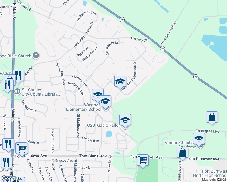 map of restaurants, bars, coffee shops, grocery stores, and more near 12 West Homefield Point Court in O'Fallon