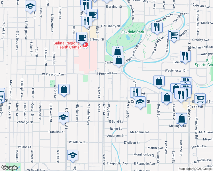 map of restaurants, bars, coffee shops, grocery stores, and more near 633 South 4th Street in Salina