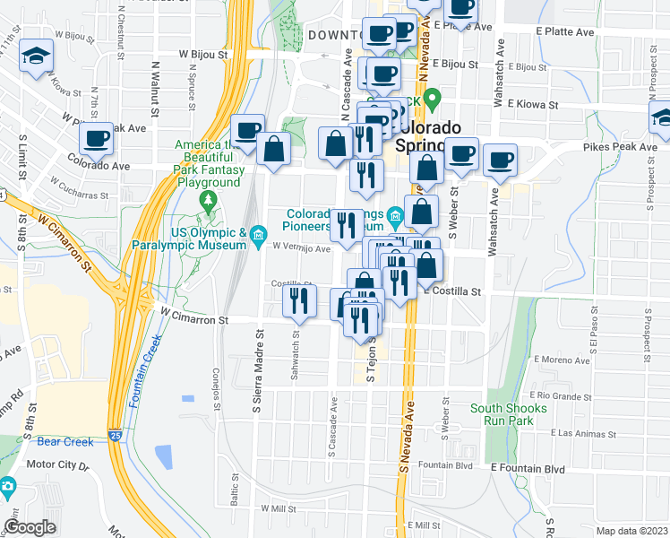 map of restaurants, bars, coffee shops, grocery stores, and more near 318 S Cascade Ave in Colorado Springs