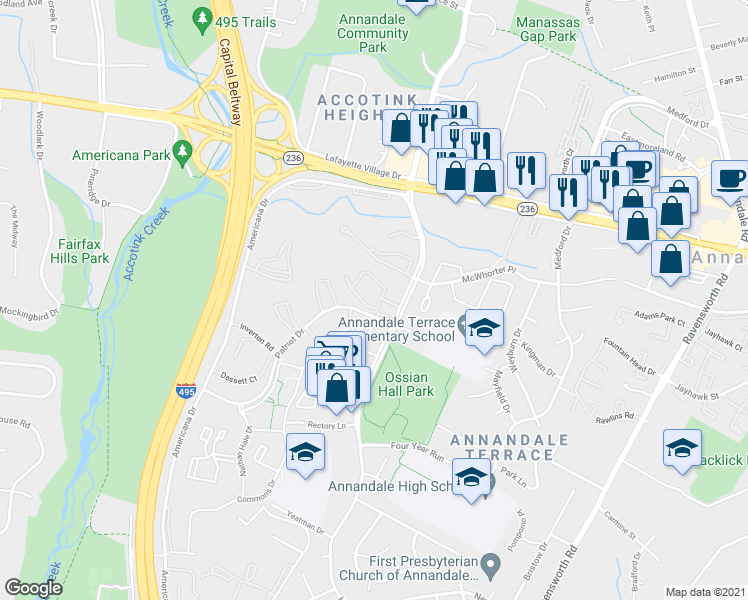 map of restaurants, bars, coffee shops, grocery stores, and more near 7705 Lafayette Forest Drive in Annandale