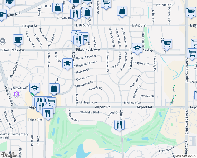 map of restaurants, bars, coffee shops, grocery stores, and more near 3102 Greenwood Circle in Colorado Springs