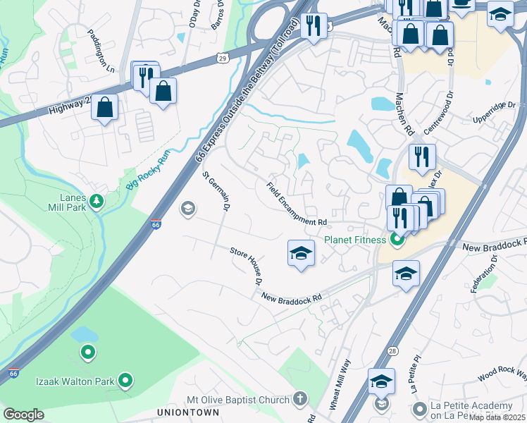 map of restaurants, bars, coffee shops, grocery stores, and more near 6312 Drill Field Court in Centreville