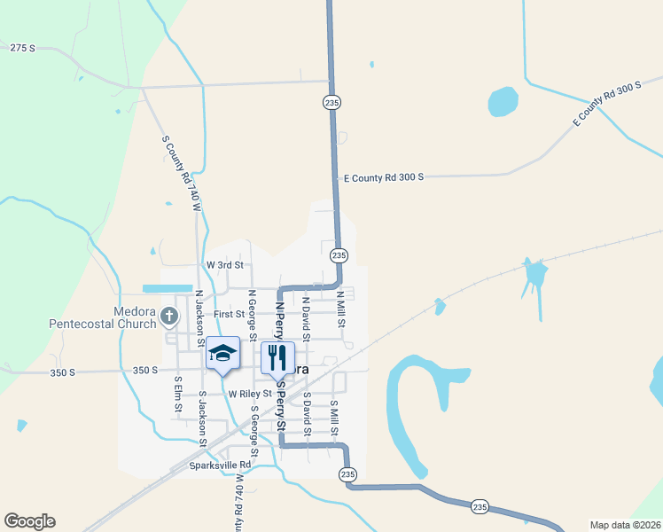 map of restaurants, bars, coffee shops, grocery stores, and more near 256 North Mill Street in Medora