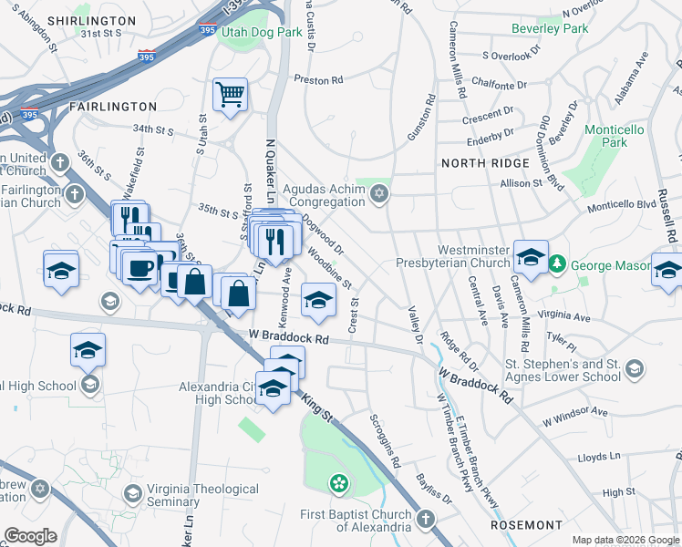 map of restaurants, bars, coffee shops, grocery stores, and more near 1425 Woodbine Street in Alexandria