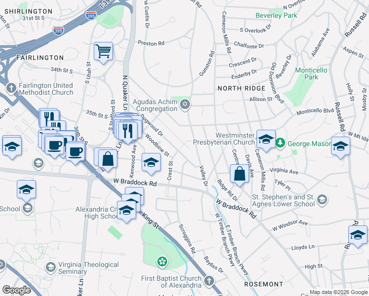 map of restaurants, bars, coffee shops, grocery stores, and more near 1304 Oakcrest Drive in Alexandria