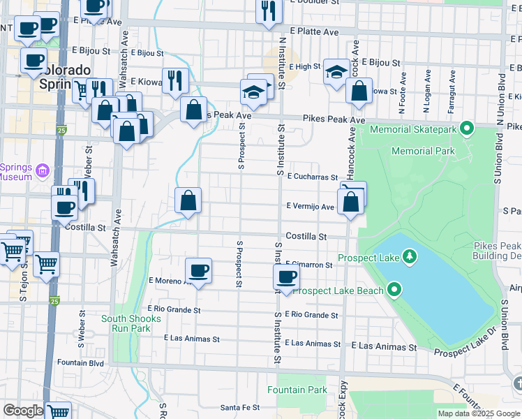 map of restaurants, bars, coffee shops, grocery stores, and more near 827 East Vermijo Avenue in Colorado Springs