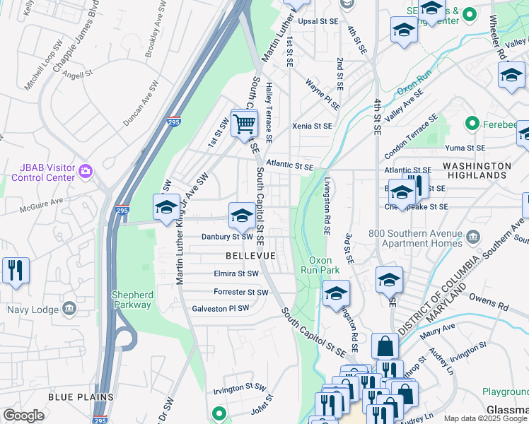 map of restaurants, bars, coffee shops, grocery stores, and more near 4200 South Capitol Street SE in Washington