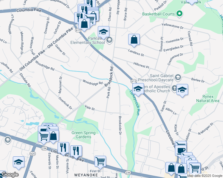 map of restaurants, bars, coffee shops, grocery stores, and more near 4409 Park Road in Alexandria