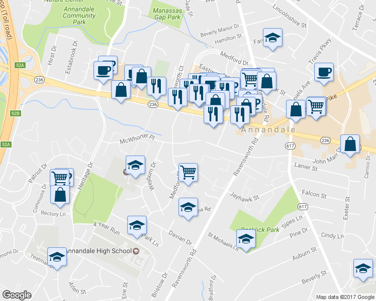 map of restaurants, bars, coffee shops, grocery stores, and more near 7454 Madeira Place in Annandale