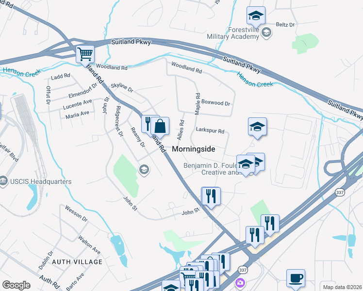 map of restaurants, bars, coffee shops, grocery stores, and more near 4410 Allies Road in Morningside