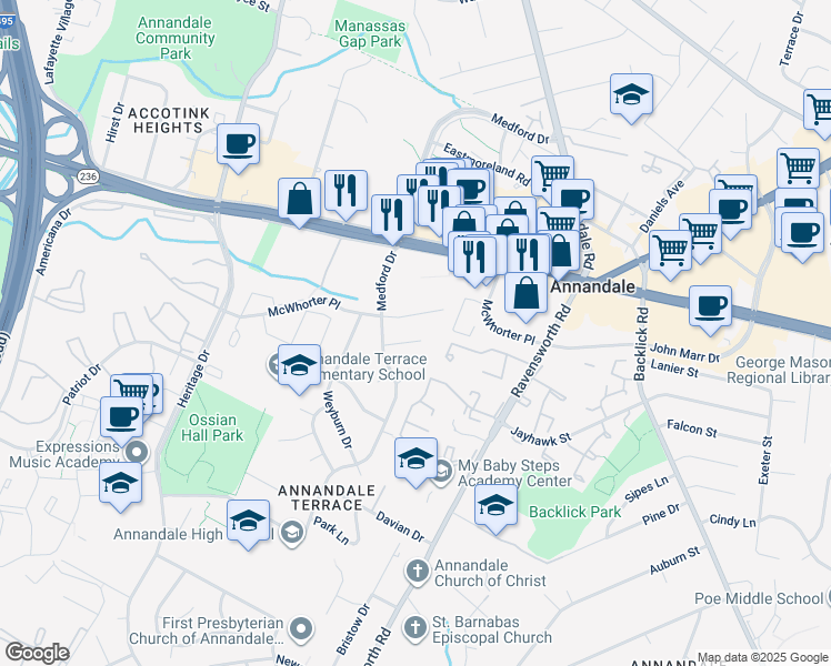 map of restaurants, bars, coffee shops, grocery stores, and more near 7454 Madeira Place in Annandale