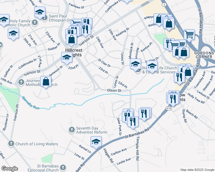 map of restaurants, bars, coffee shops, grocery stores, and more near 2214 Olson Court in Temple Hills