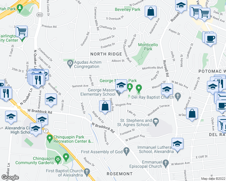 map of restaurants, bars, coffee shops, grocery stores, and more near 2700 Cameron Mills Rd in Alexandria