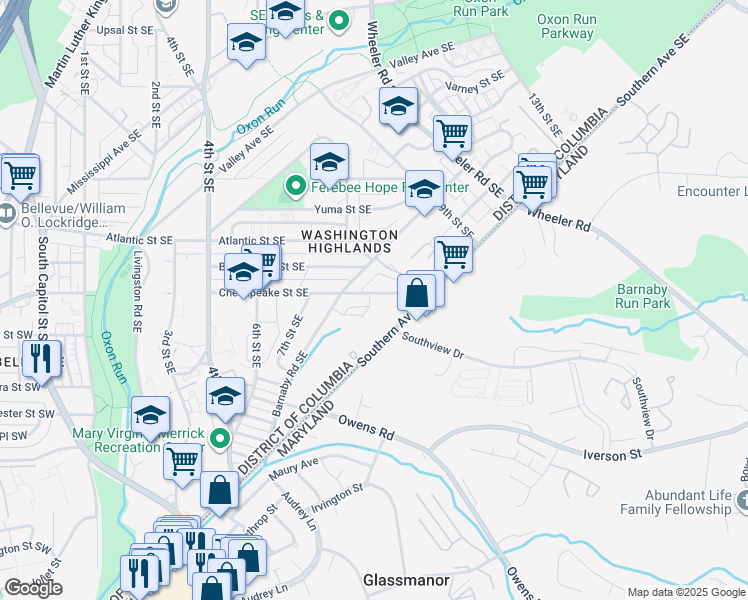 map of restaurants, bars, coffee shops, grocery stores, and more near 827 Chesapeake Street Southeast in Washington