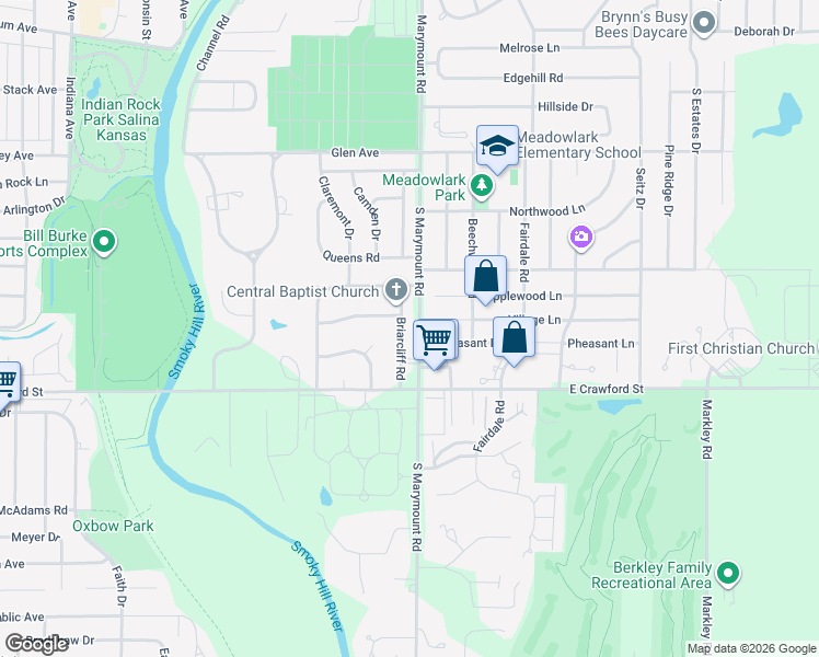 map of restaurants, bars, coffee shops, grocery stores, and more near 637 Briarcliff Road in Salina