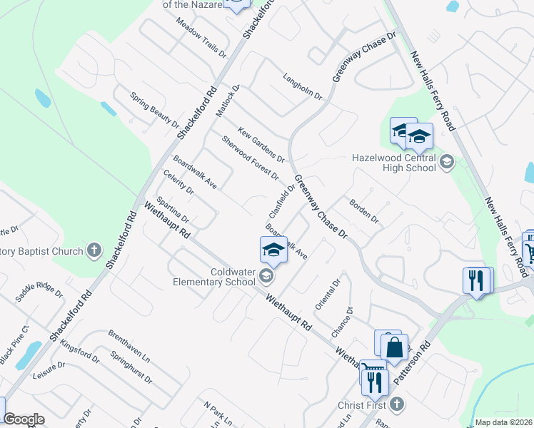 map of restaurants, bars, coffee shops, grocery stores, and more near 2947 Clanfield Drive in Florissant
