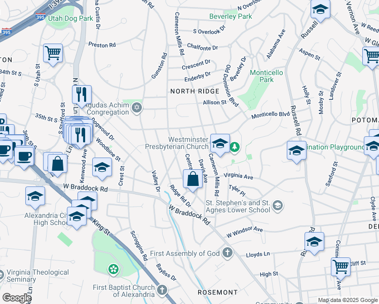 map of restaurants, bars, coffee shops, grocery stores, and more near 2705 Central Avenue in Alexandria