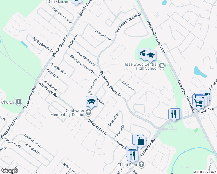 map of restaurants, bars, coffee shops, grocery stores, and more near 2980 Atlantic Park Avenue in Florissant
