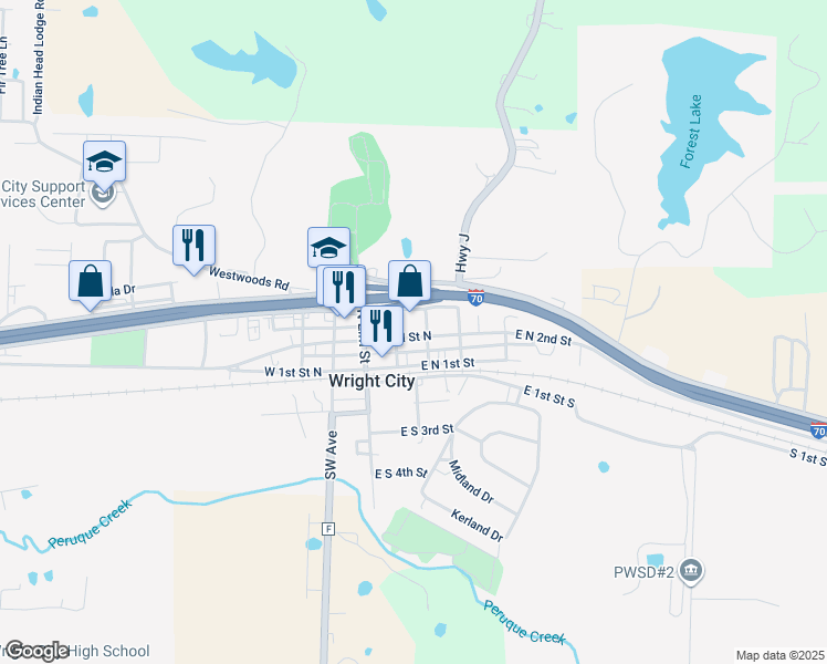 map of restaurants, bars, coffee shops, grocery stores, and more near 205 East Veterans Memorial Parkway in Wright City