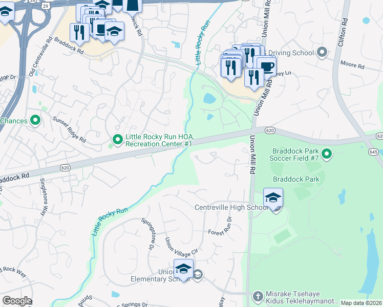 map of restaurants, bars, coffee shops, grocery stores, and more near 13697 Wildflower Lane in Clifton