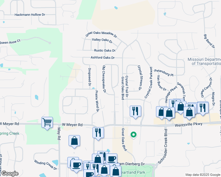 map of restaurants, bars, coffee shops, grocery stores, and more near 143 Old Williamsburg Parkway in Wentzville
