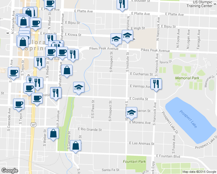 map of restaurants, bars, coffee shops, grocery stores, and more near 302 South Prospect Street in Colorado Springs
