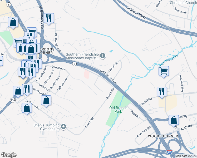 map of restaurants, bars, coffee shops, grocery stores, and more near 4515 Old Branch Avenue in Temple Hills