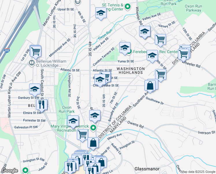 map of restaurants, bars, coffee shops, grocery stores, and more near 625 Chesapeake Street Southeast in Washington