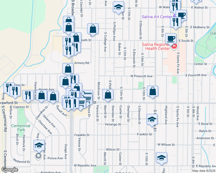 map of restaurants, bars, coffee shops, grocery stores, and more near 626 South Phillips Avenue in Salina