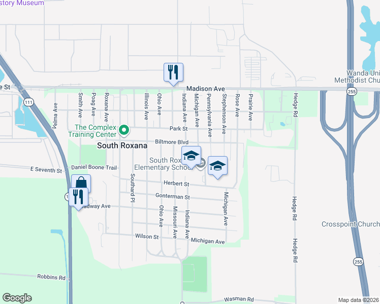 map of restaurants, bars, coffee shops, grocery stores, and more near 408 Indiana Avenue in South Roxana