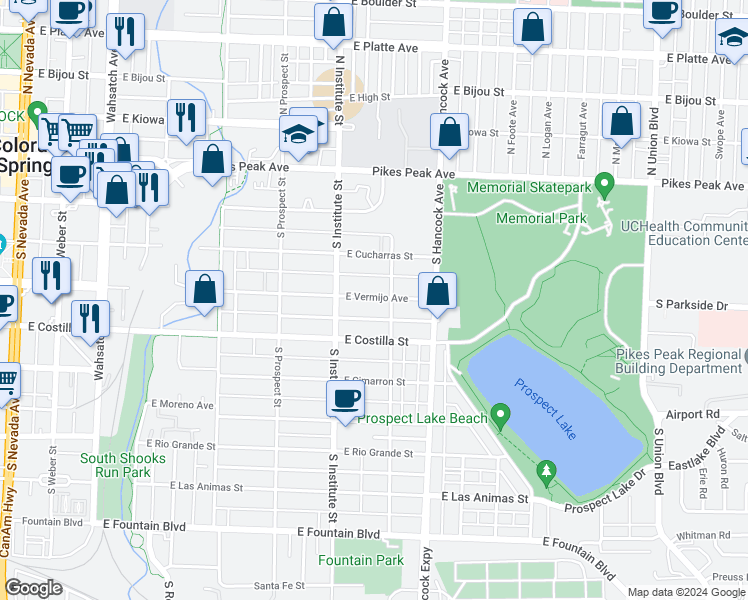 map of restaurants, bars, coffee shops, grocery stores, and more near 933 East Vermijo Avenue in Colorado Springs