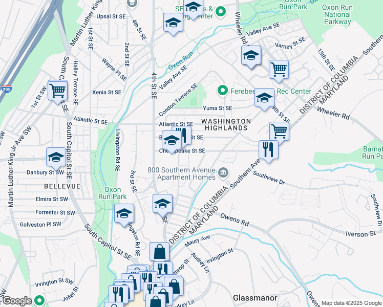 map of restaurants, bars, coffee shops, grocery stores, and more near 625 A Chesapeake Street Southeast in Washington