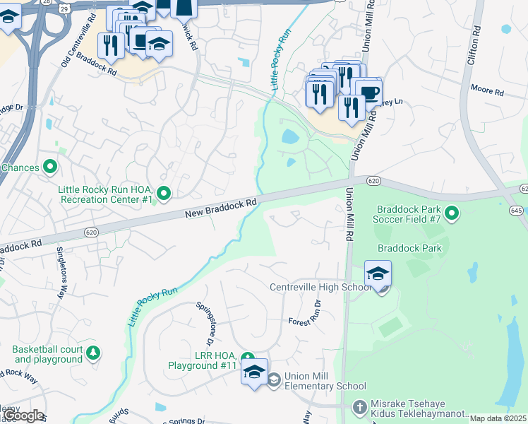 map of restaurants, bars, coffee shops, grocery stores, and more near 13695 Wildflower Lane in Clifton