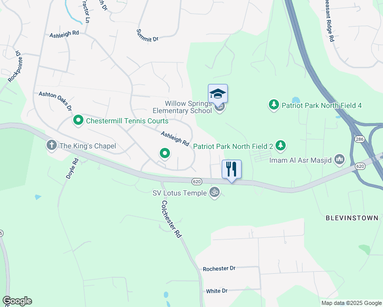 map of restaurants, bars, coffee shops, grocery stores, and more near 5460 Ashleigh Road in Fairfax
