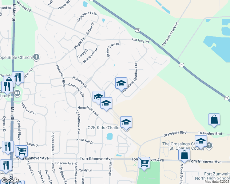 map of restaurants, bars, coffee shops, grocery stores, and more near 8 West Homefield Point Court in O'Fallon