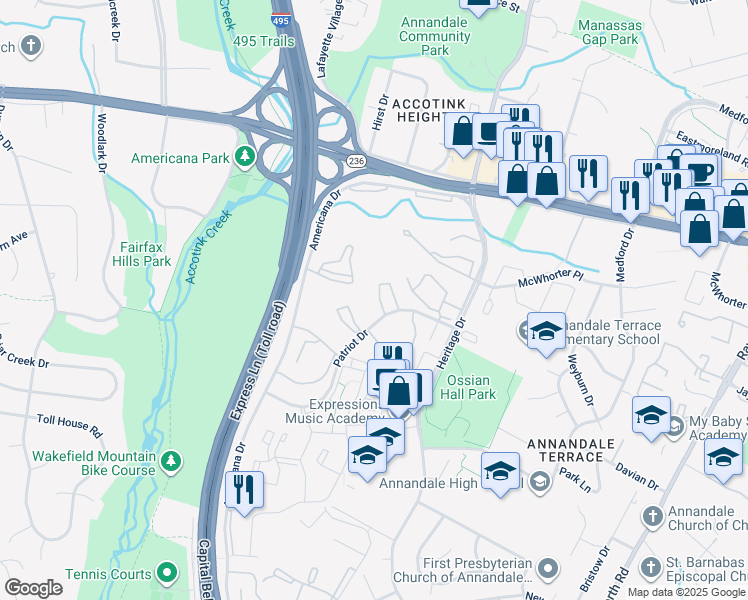 map of restaurants, bars, coffee shops, grocery stores, and more near 4360 Ivymount Court in Annandale