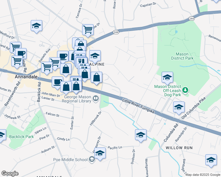 map of restaurants, bars, coffee shops, grocery stores, and more near 6932 Lafayette Park Drive in Annandale