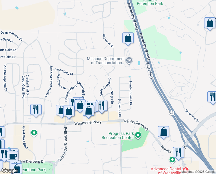 map of restaurants, bars, coffee shops, grocery stores, and more near 221 Niagra Drive in Wentzville