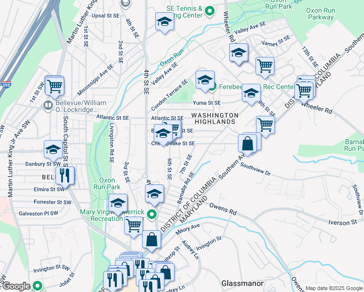 map of restaurants, bars, coffee shops, grocery stores, and more near 625 A Chesapeake Street Southeast in Washington