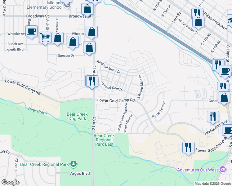 map of restaurants, bars, coffee shops, grocery stores, and more near 304 Eclipse Drive in Colorado Springs