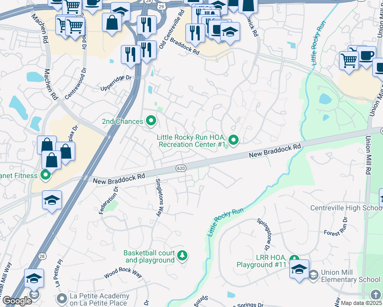 map of restaurants, bars, coffee shops, grocery stores, and more near 13915 Antonia Ford Court in Centreville