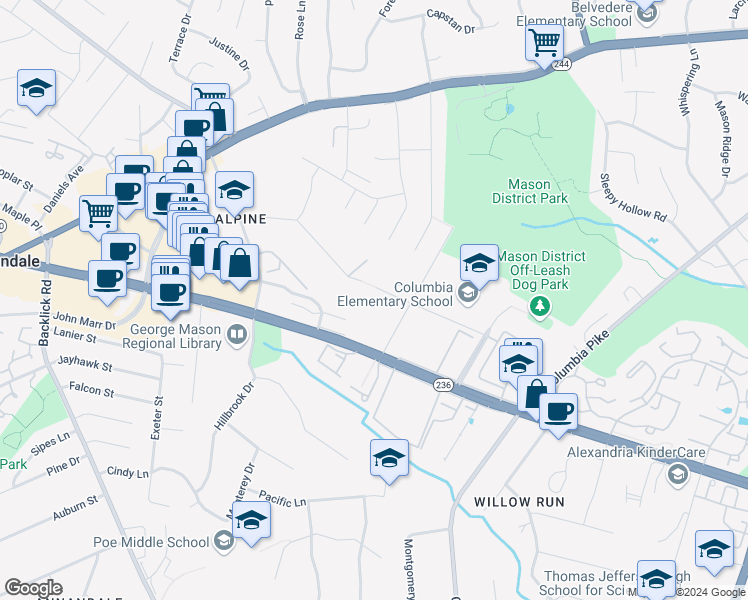 map of restaurants, bars, coffee shops, grocery stores, and more near 6811 Alpine Drive in Annandale